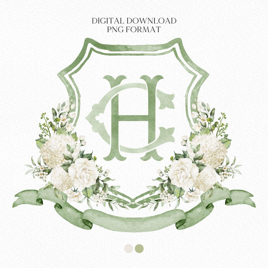 Hydrangea White Rose Greenery Flower Wedding Crest - Monogram Crest - Hydrangea White Floral Watercolor Wedding Crest Romantic Wedding Crest