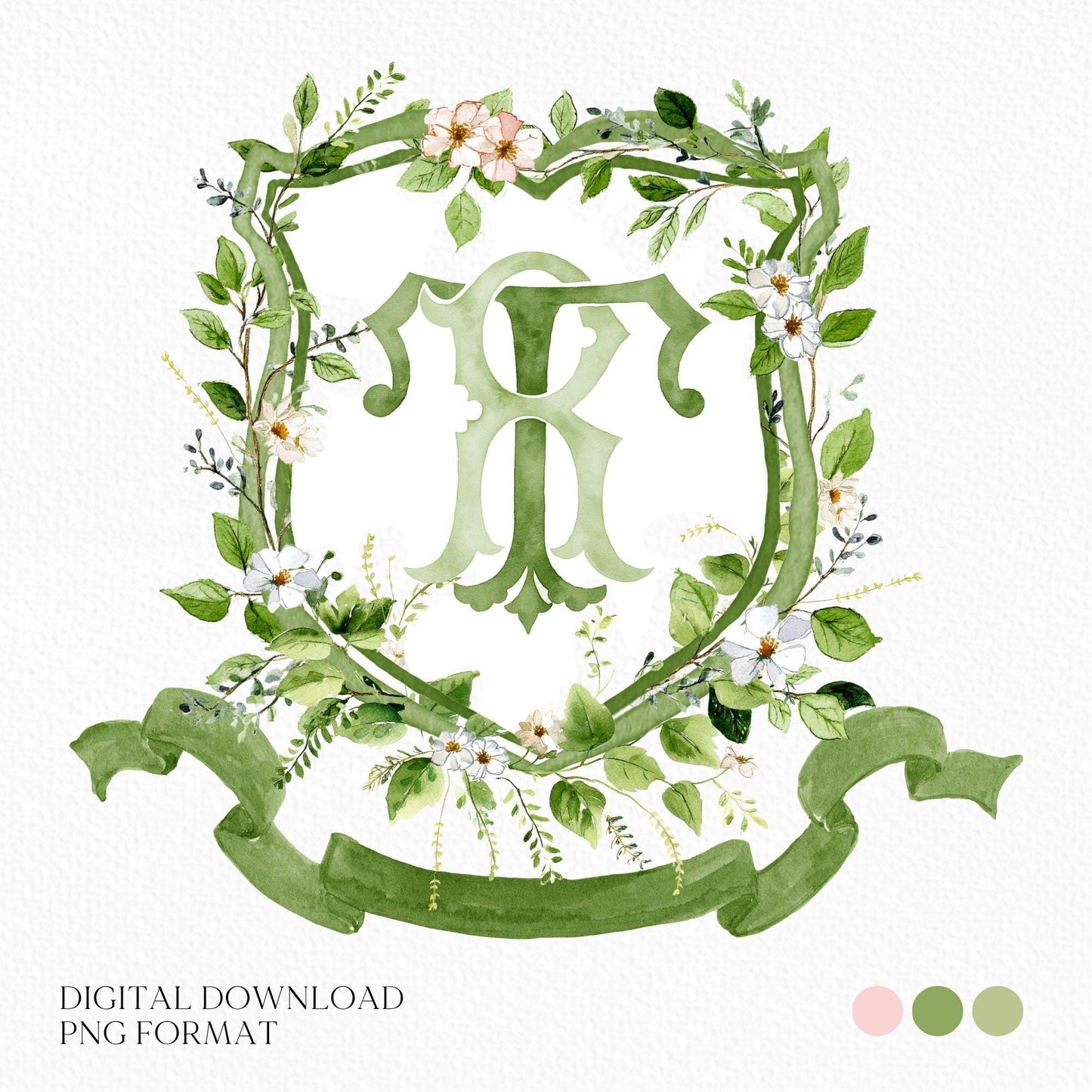 Romantic Garden Flower Wedding Crest - Monogram Crest - Watercolor Colorful Spring Floral Watercolor Wedding Crest - Romantic Wedding Crest