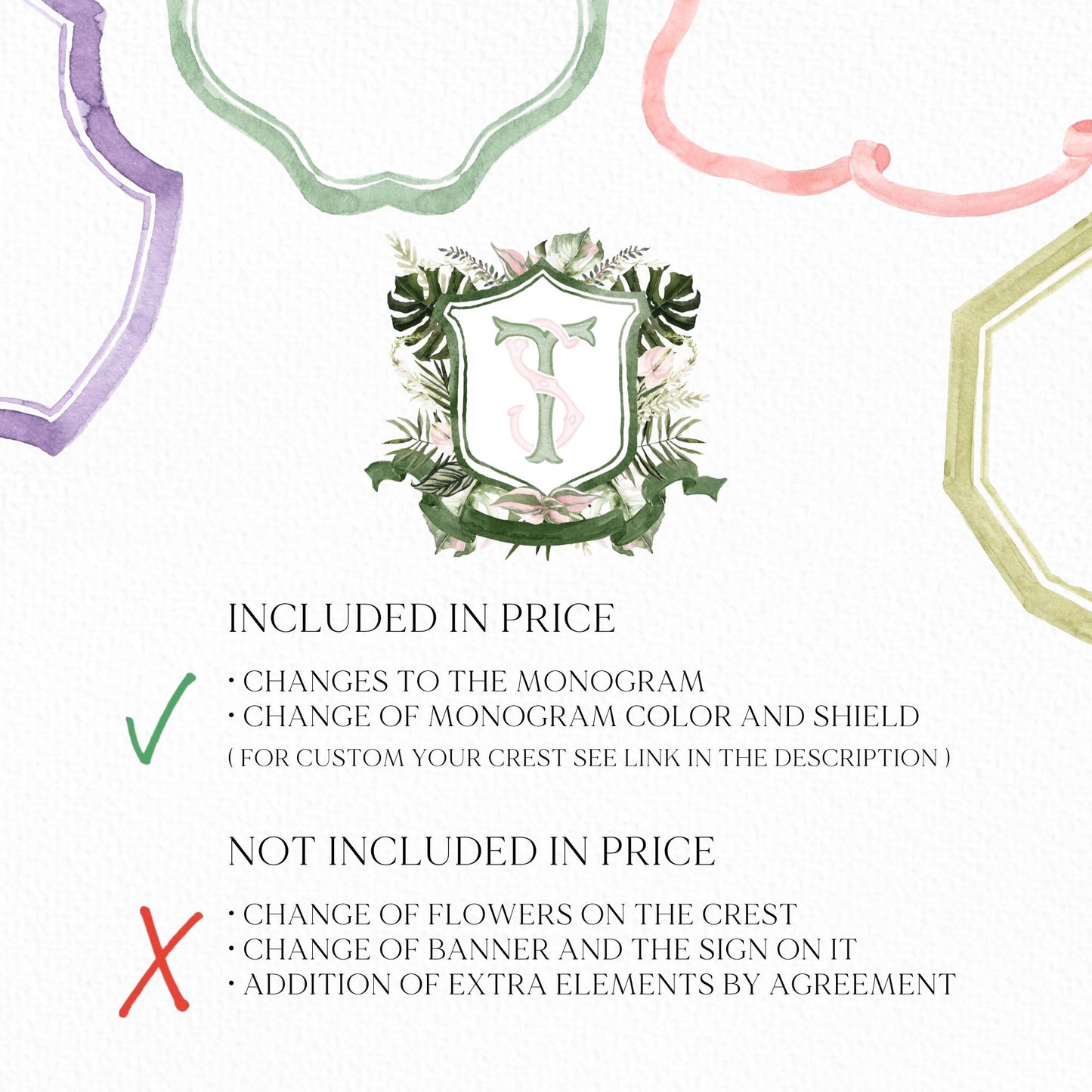 Palm Leaf Greenery Garden Watercolor Wedding Crest - Monogram Crest - Palm leaves Greenery Watercolor Wedding Crest - Romantic Wedding Crest