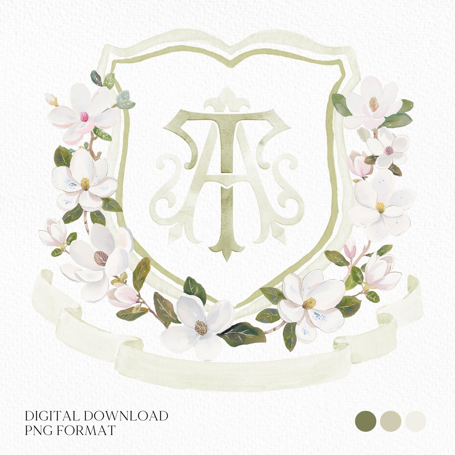 Magnolia Greenery Flower Watercolor Wedding Crest - Monogram Crest - Magnolia Floral Watercolor Wedding Crest - Romantic Wedding Crest