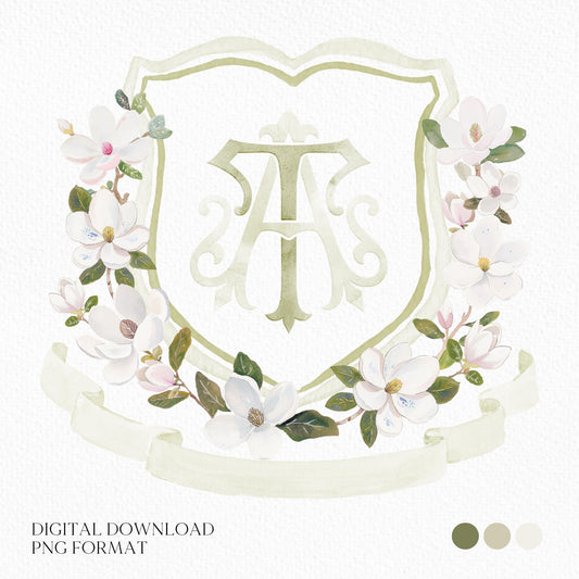 Magnolia Greenery Flower Watercolor Wedding Crest - Monogram Crest - Magnolia Floral Watercolor Wedding Crest - Romantic Wedding Crest