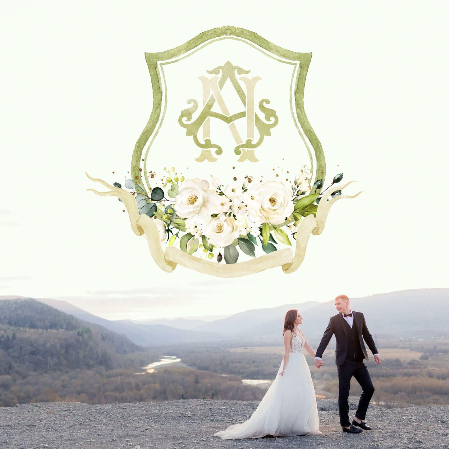 White Roses Eucalyptus Flower Wedding Crest - Monogram Crest - White Floral Luxury Watercolor Wedding Crest - Romantic Wedding Crest