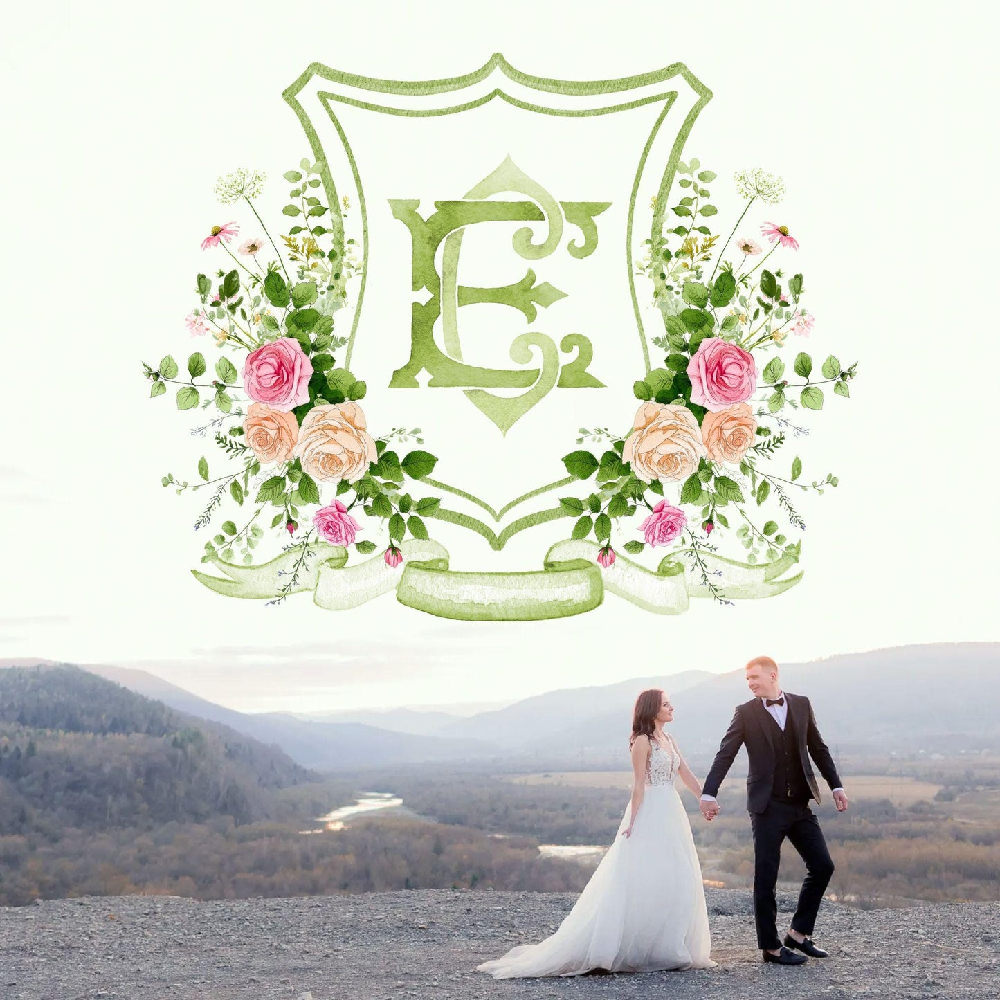 Blush Roses Soft Petals Flower Wedding Crest - Monogram Crest - Watercolor Rose Floral Watercolor Wedding Crest - Romantic Wedding Crest