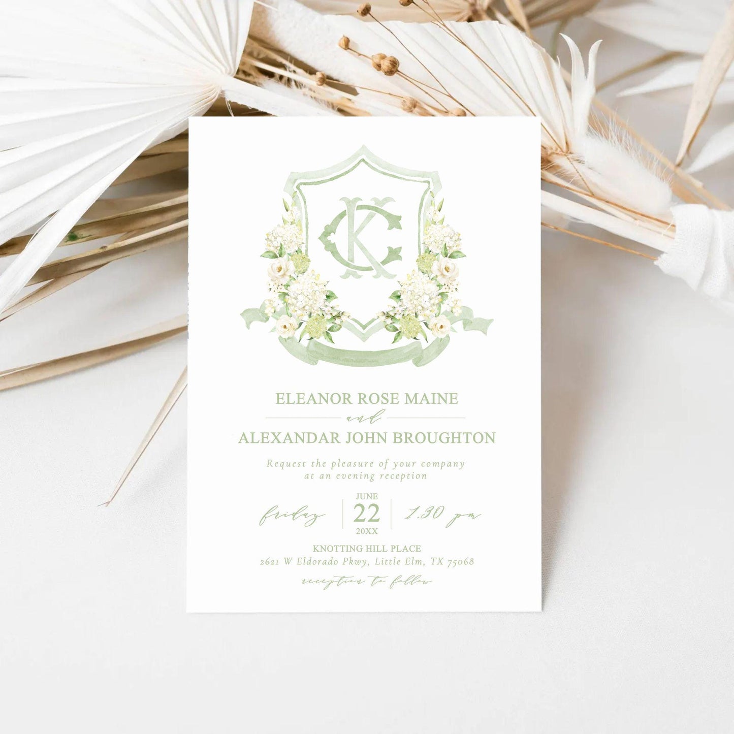 Green White Blue Hydrangea Flower Wedding Crest - Monogram Crest - Hydrangea Floral Luxury Watercolor Wedding Crest - Romantic Wedding Crest