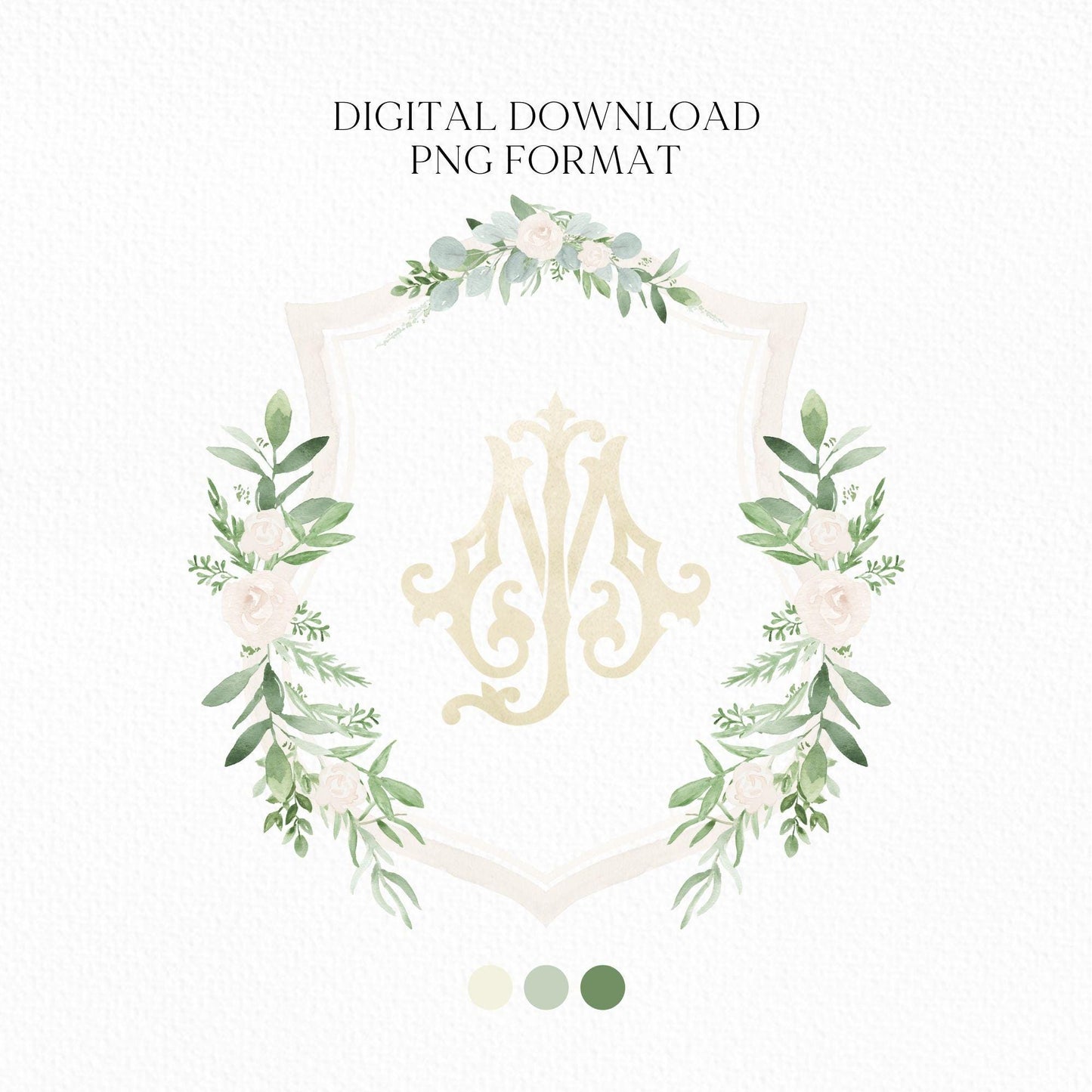 Greenery and White Floral Wedding Crest - Monogram Crest - White Floral Luxury Watercolor Wedding Crest - Romantic Wedding Crest