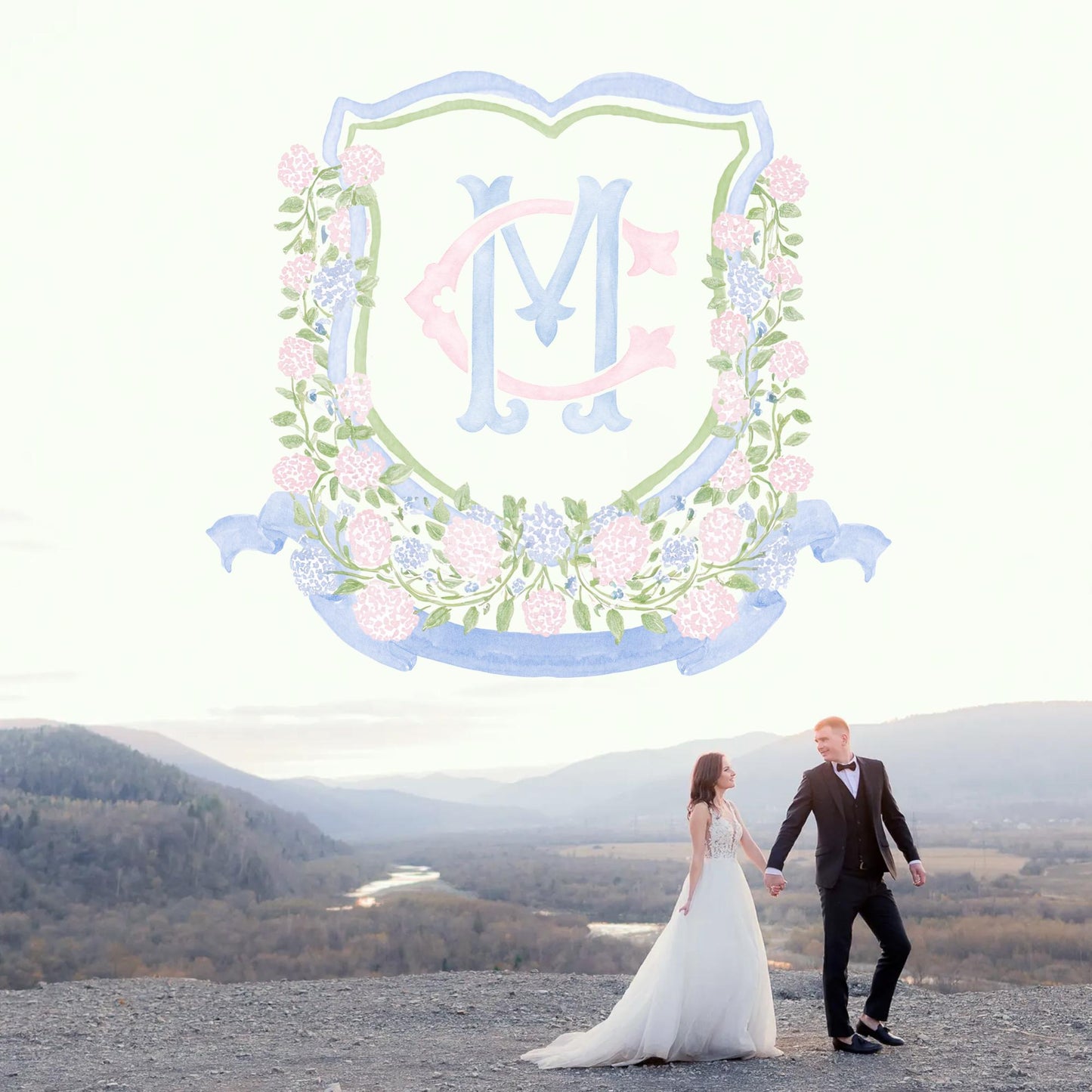 Pink Light Blue Hydrangea Flower Wedding Crest - Monogram Crest - Blue Hydrangea Floral Watercolor Wedding Crest - Romantic Wedding Crest