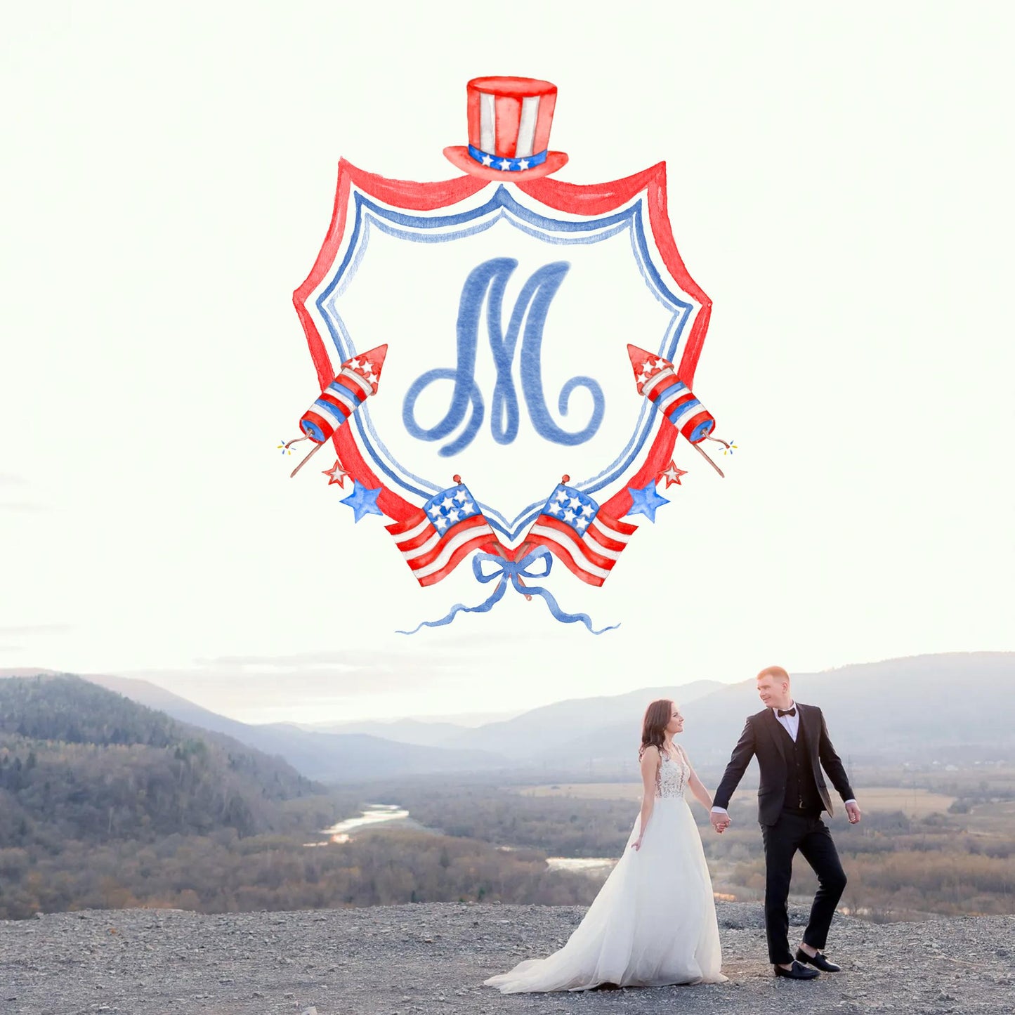 Patriotic 4th July Independence Day Wedding Watercolor Crest - Monogram Crest - Crest USA Watercolor Wedding Crest - Romantic Wedding Crest