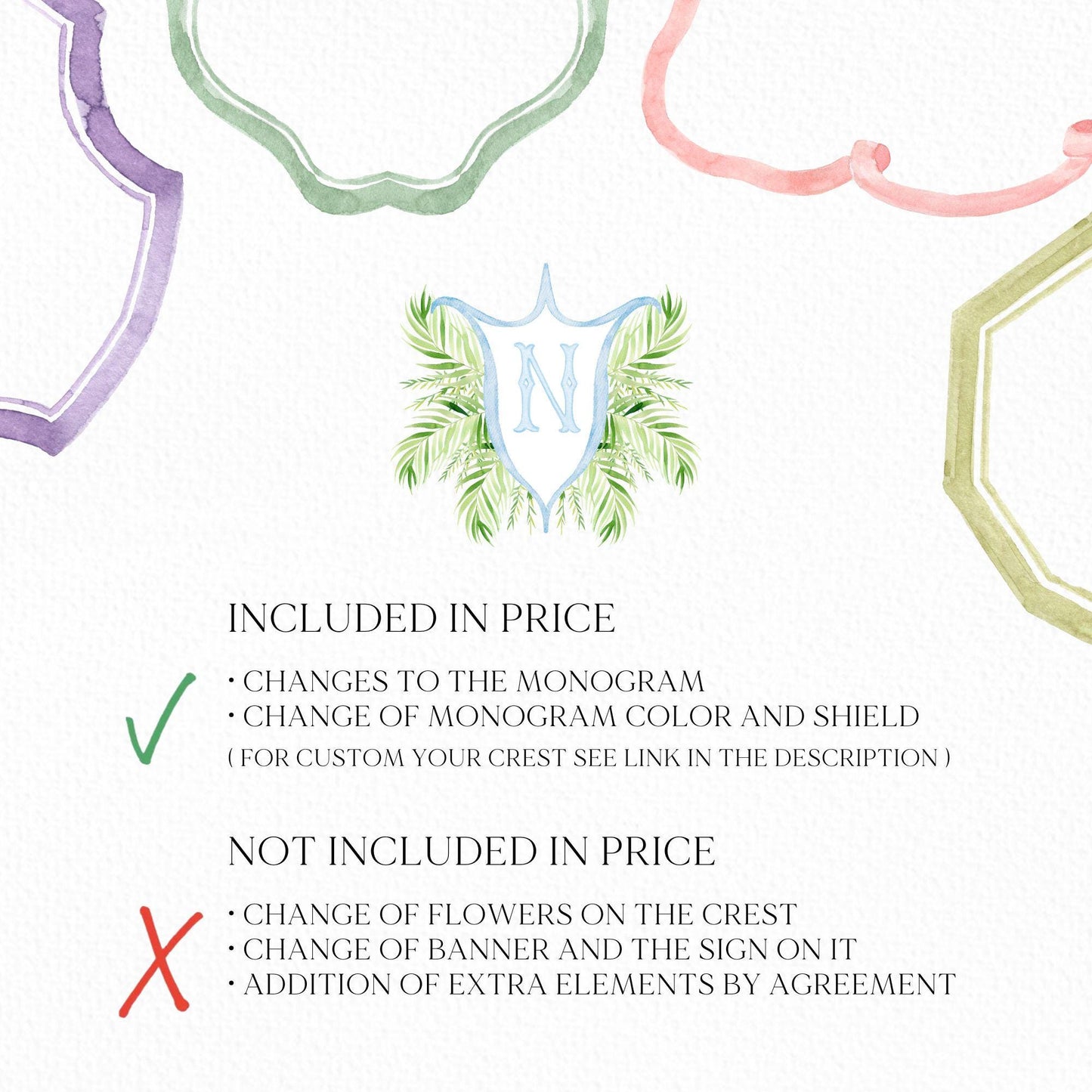 Palm Leaf Greenery Garden Watercolor Wedding Crest - Monogram Crest - Palm leaves Greenery Watercolor Wedding Crest - Romantic Wedding Crest