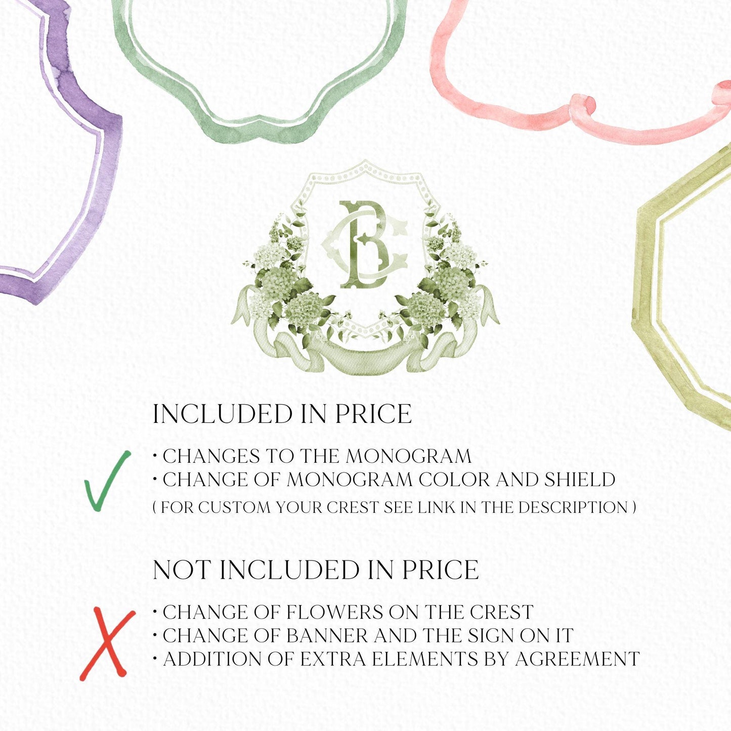 Green Hydrangea Flower Wedding Crest - Monogram Crest - Hydrangea Floral Watercolor Wedding Crest - Romantic Wedding Crest - Boho Hydrangea
