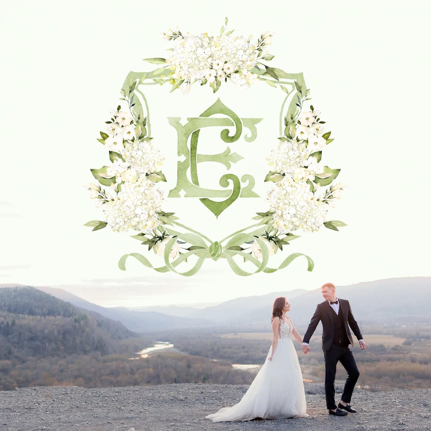 White Hydrangea Flower Greenery Wedding Crest - Monogram Crest - Hydrangea Floral Luxury Watercolor Wedding Crest - Romantic Wedding Crest