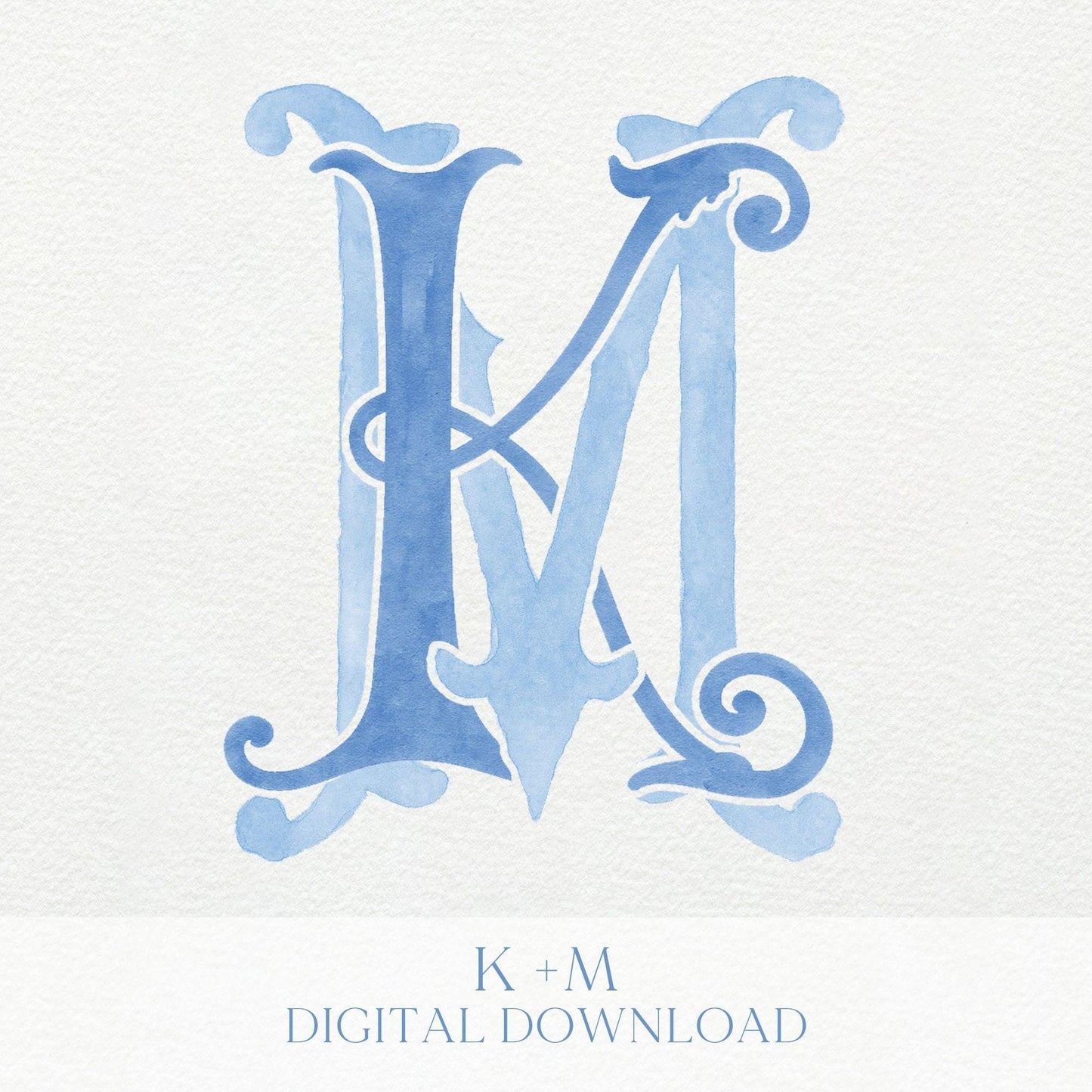 Watercolor Wedding Monogram – KM Initial Crest (Digital Download)