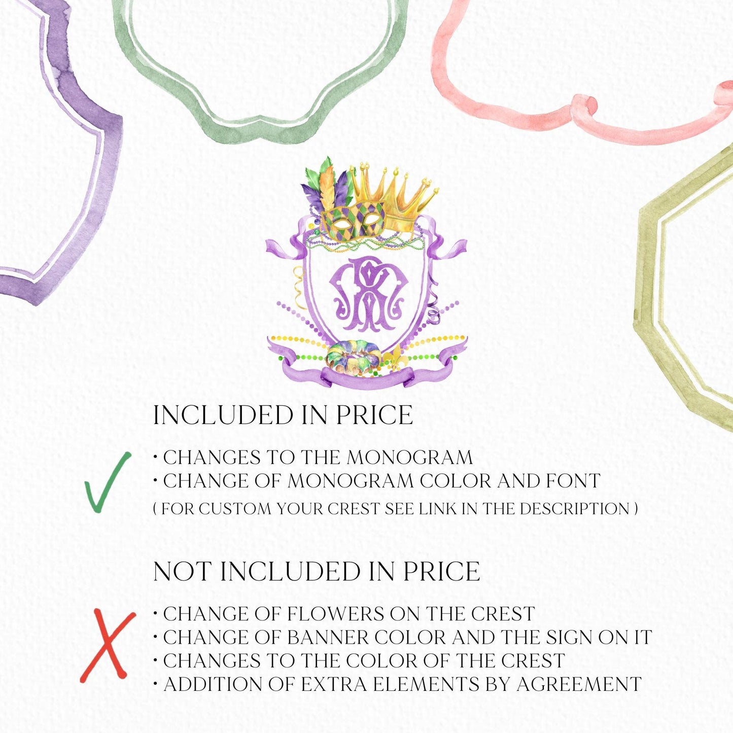 Mardi Gras New Orleans Crest Watercolor Wedding Crest - Monogram Crest - Mardi Gras Watercolor Wedding Crest Romantic Wedding Crest