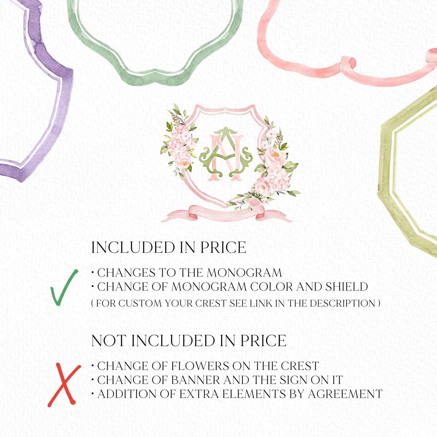 Pink Hydrangea Blush Pink Rose Flower Wedding Crest - Monogram Crest - Hydrangea Floral Luxury Watercolor Wedding Crest