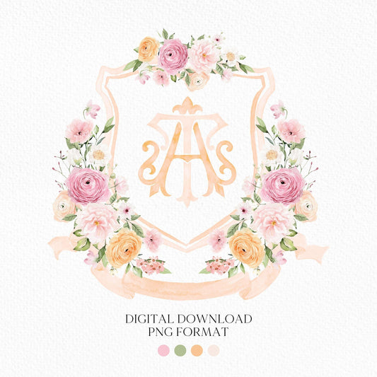 Wildflowers Bright Floral Colorful Watercolor Wedding Crest - Monogram Crest - Watercolor Blush and Pink Floral Watercolor Wedding Crest