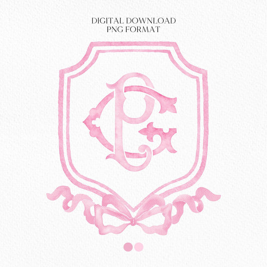 Pink Coquette Ribbon Bow Crest Wedding Crest - Monogram Crest - Pink Ribbon Bow Watercolor Wedding Crest Romantic Wedding Crest