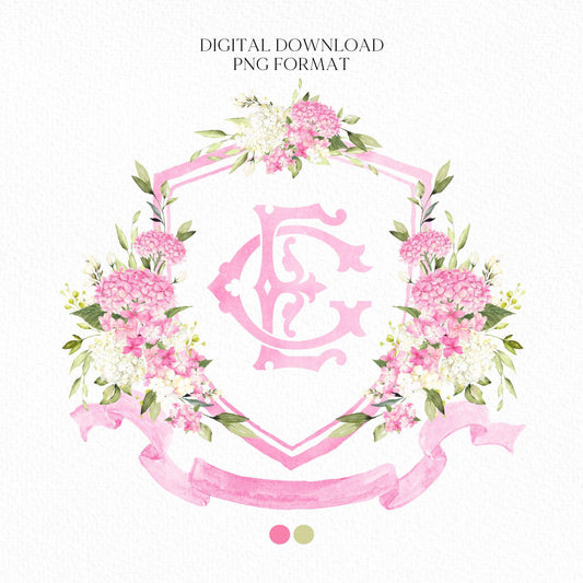 Pink White Hydrangea Flower Wedding Crest - Monogram Crest - Hydrangea Pink Floral Luxury Watercolor Wedding Crest - Romantic Wedding Crest