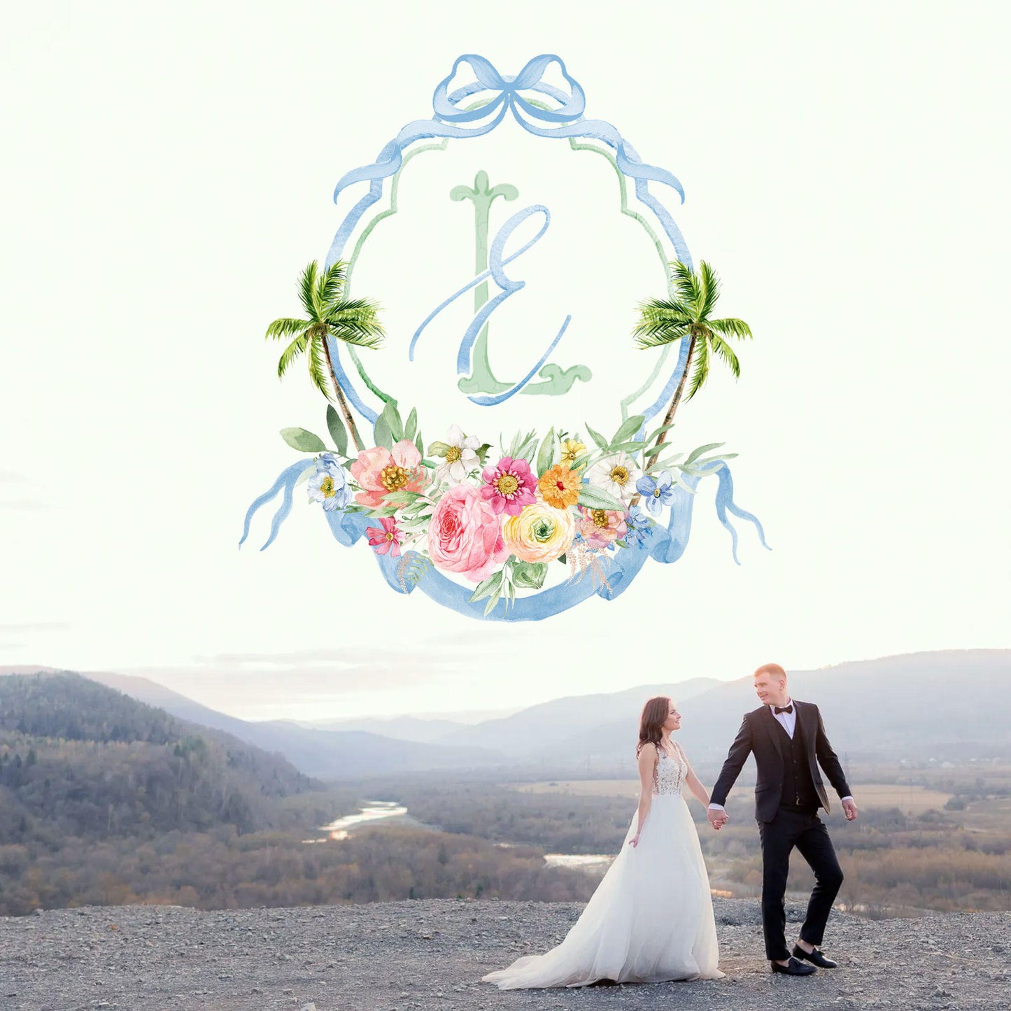 Wildflowers Bright Floral Colorful Palm Watercolor Wedding Crest - Monogram Crest -  Palm Leaf Watercolor Wedding Crest, Pastel Bright Crest