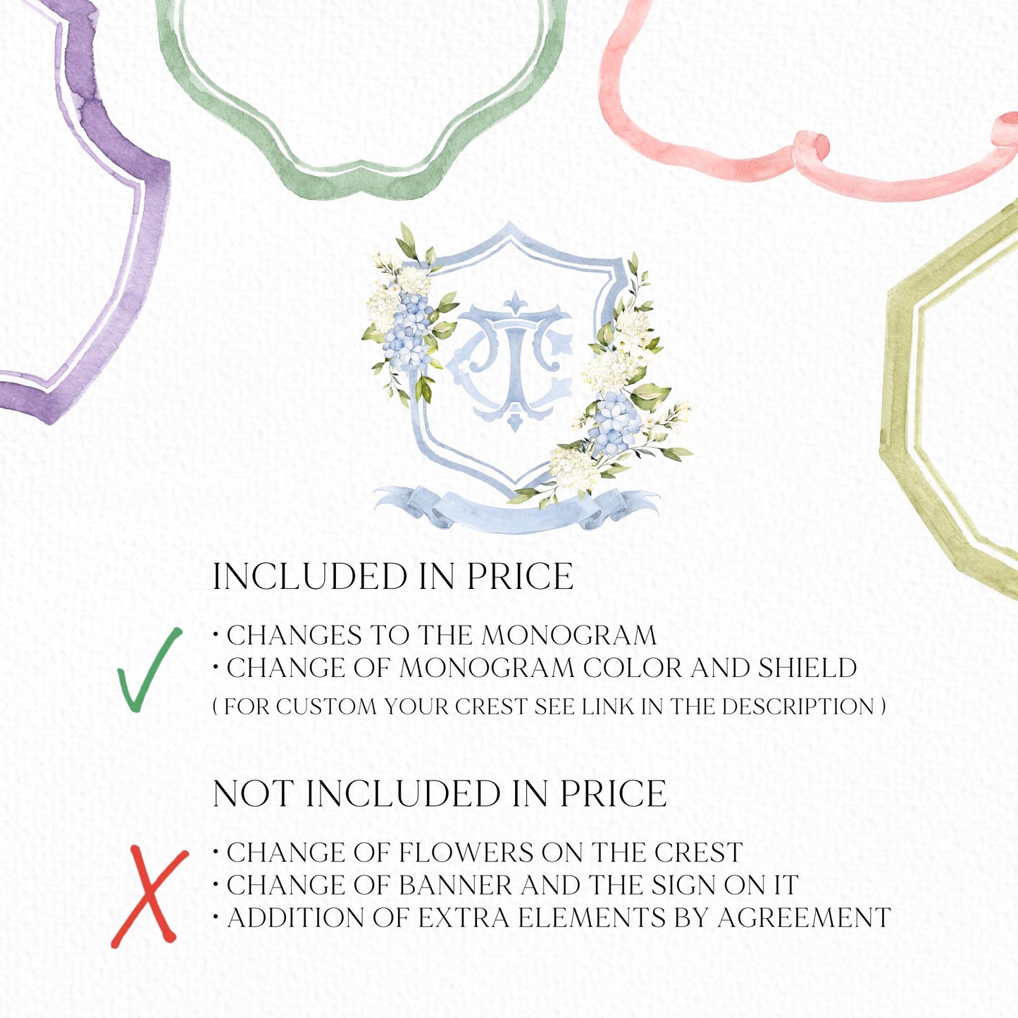 Hydrangea Flower Wedding Crest - Monogram Crest - Hydrangea Floral Luxury Watercolor Wedding Crest - Romantic Wedding Crest- Boho Hydrangea