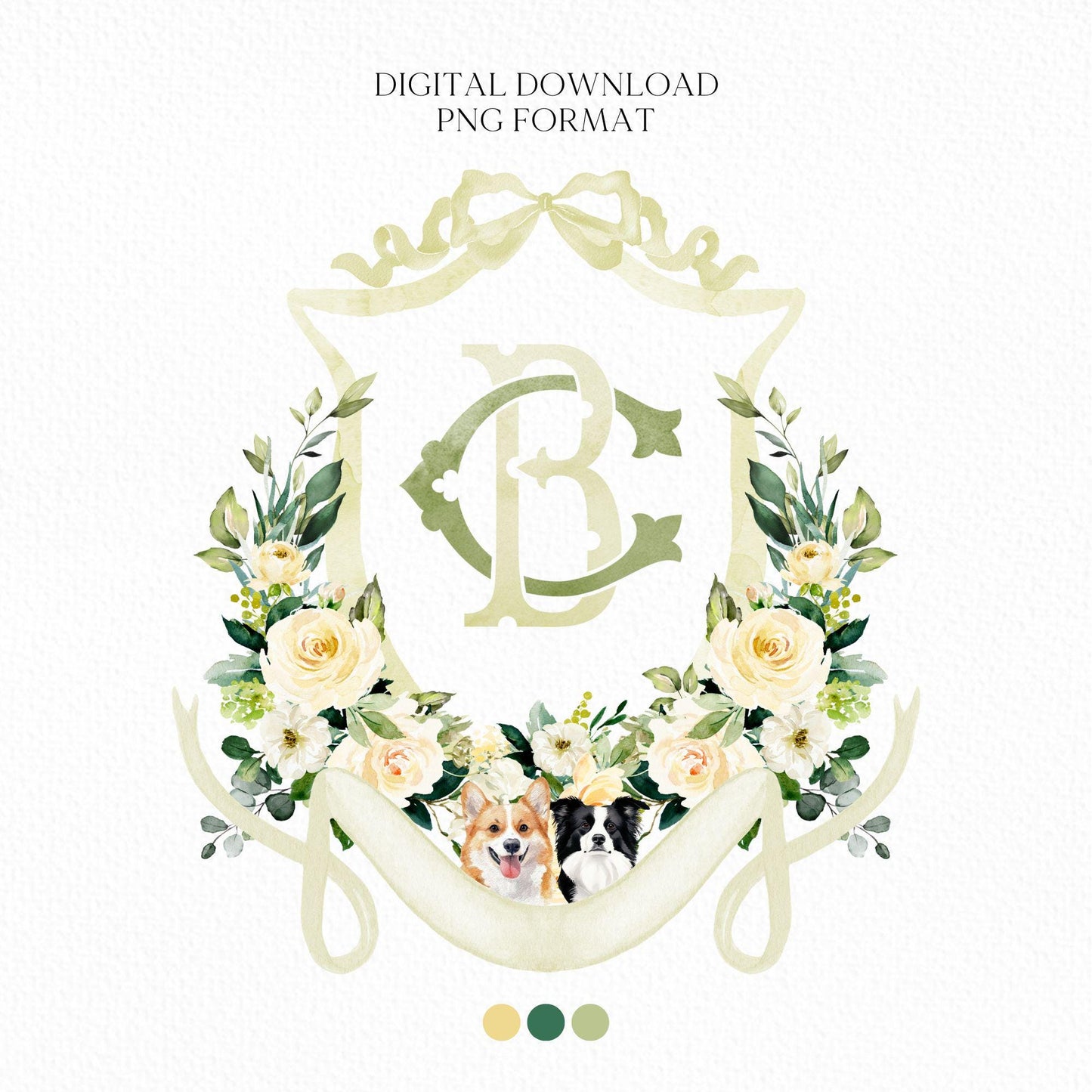 Lemon Green White Yellow Floral Flower Wedding Crest - Monogram Crest - Floral Luxury Watercolor Wedding Crest - Romantic Wedding Crest