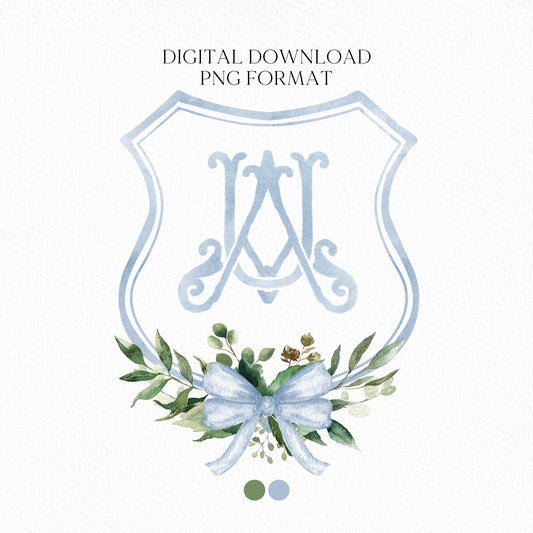 Watercolor Classic Eucalyptus Ribbon Flower Wedding Crest - Monogram Crest -  Luxury Watercolor Wedding Crest - Romantic Wedding Crest