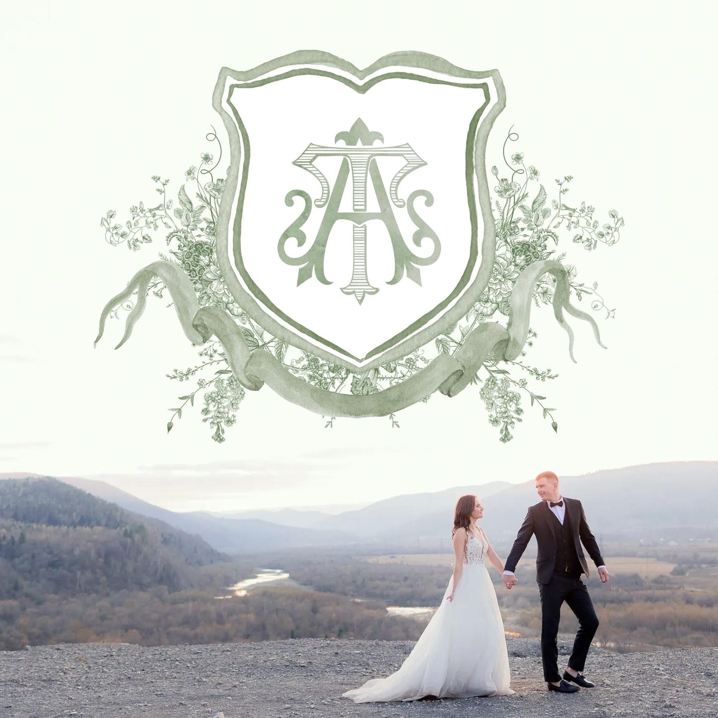 Vintage Moss Green Floral Wedding Crest - Monogram Crest - Vintage Floral Luxury Line art Wedding Crest - Romantic Wedding Crest