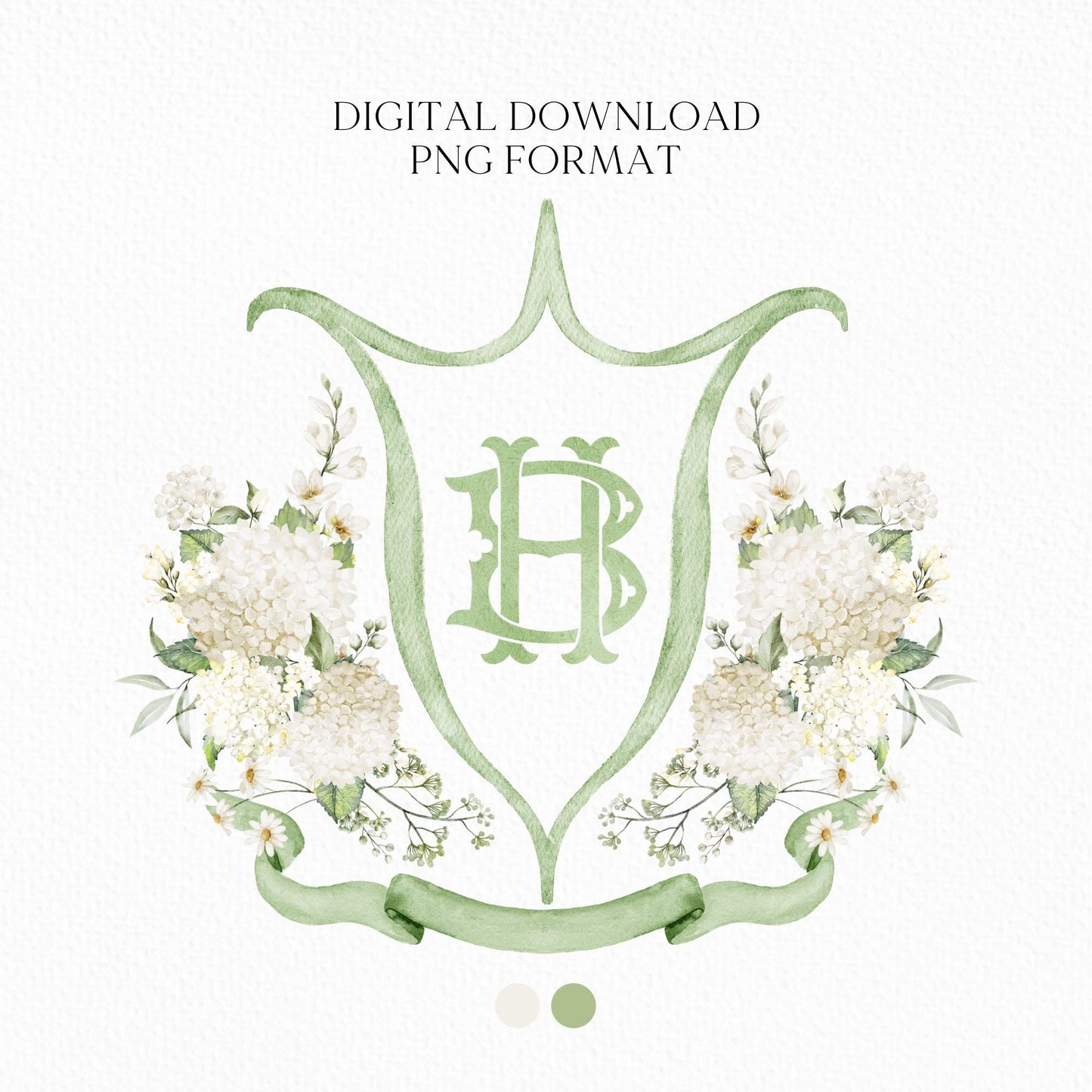 White Hydrangea Flower Wedding Crest - Monogram Crest - Hydrangea Floral Watercolor Wedding Crest - Romantic Wedding Crest - Boho Hydrangea