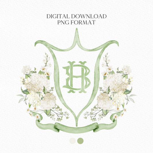 White Hydrangea Flower Wedding Crest - Monogram Crest - Hydrangea Floral Watercolor Wedding Crest - Romantic Wedding Crest - Boho Hydrangea
