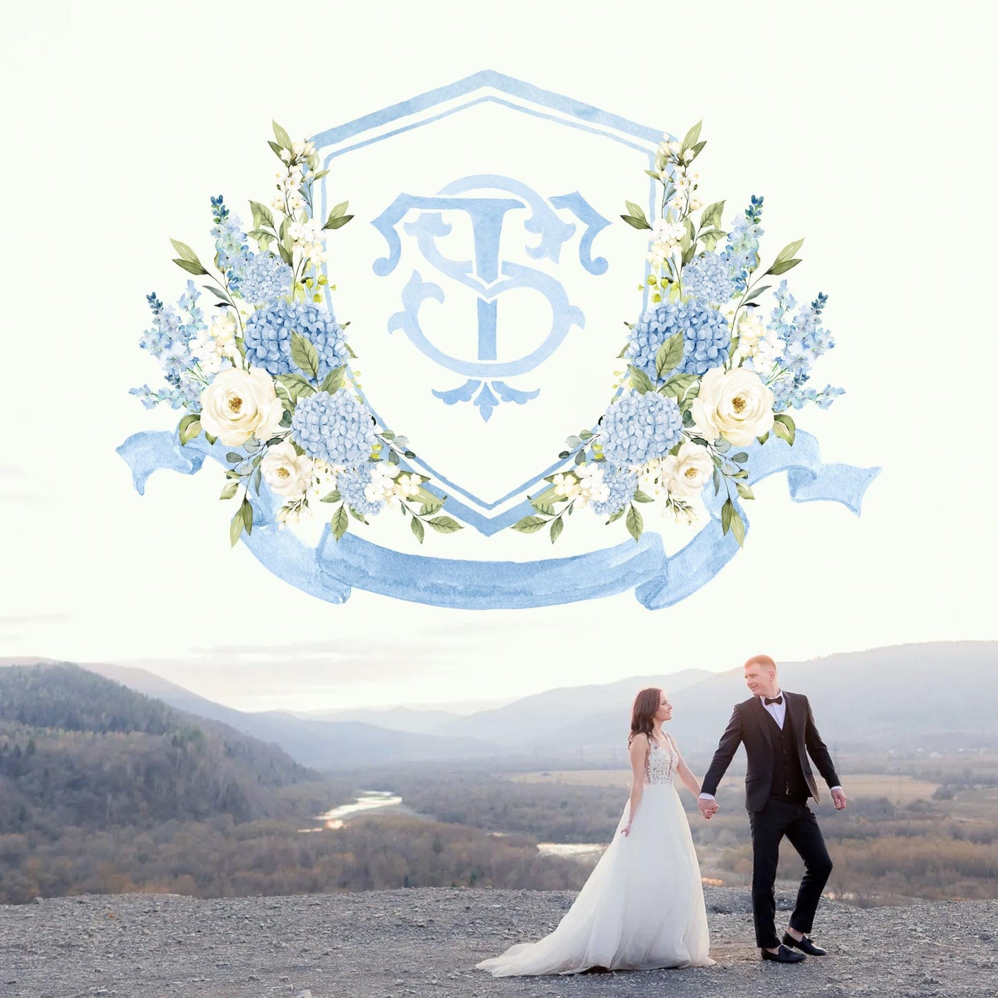 Blue Hydrangea Roses Flower Greenery Wedding Crest - Monogram Crest - Light Blue Delphinium Floral Luxury Watercolor Wedding Crest