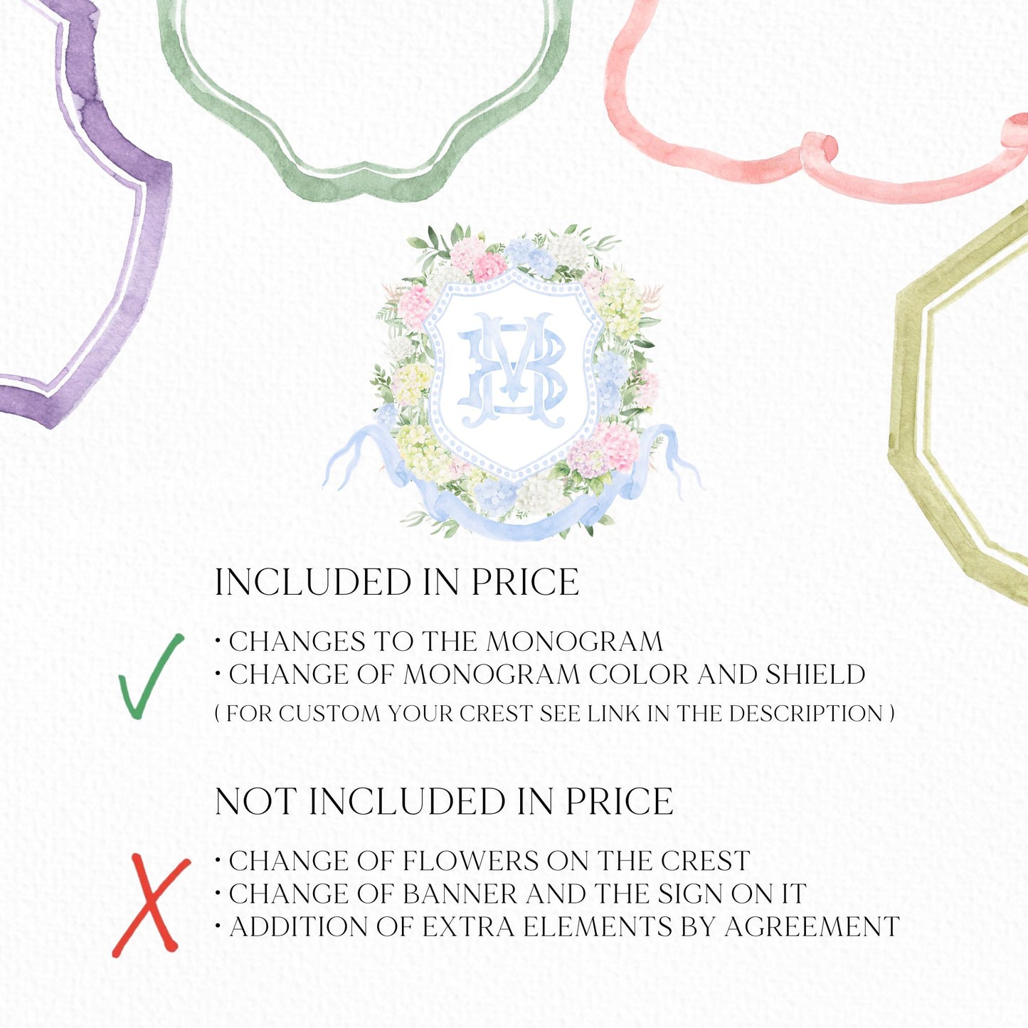 Blue White Pink Hydrangea Flower Wedding Crest - Monogram Crest - Pastel Color Hydrangea Floral Luxury Watercolor Wedding Crest