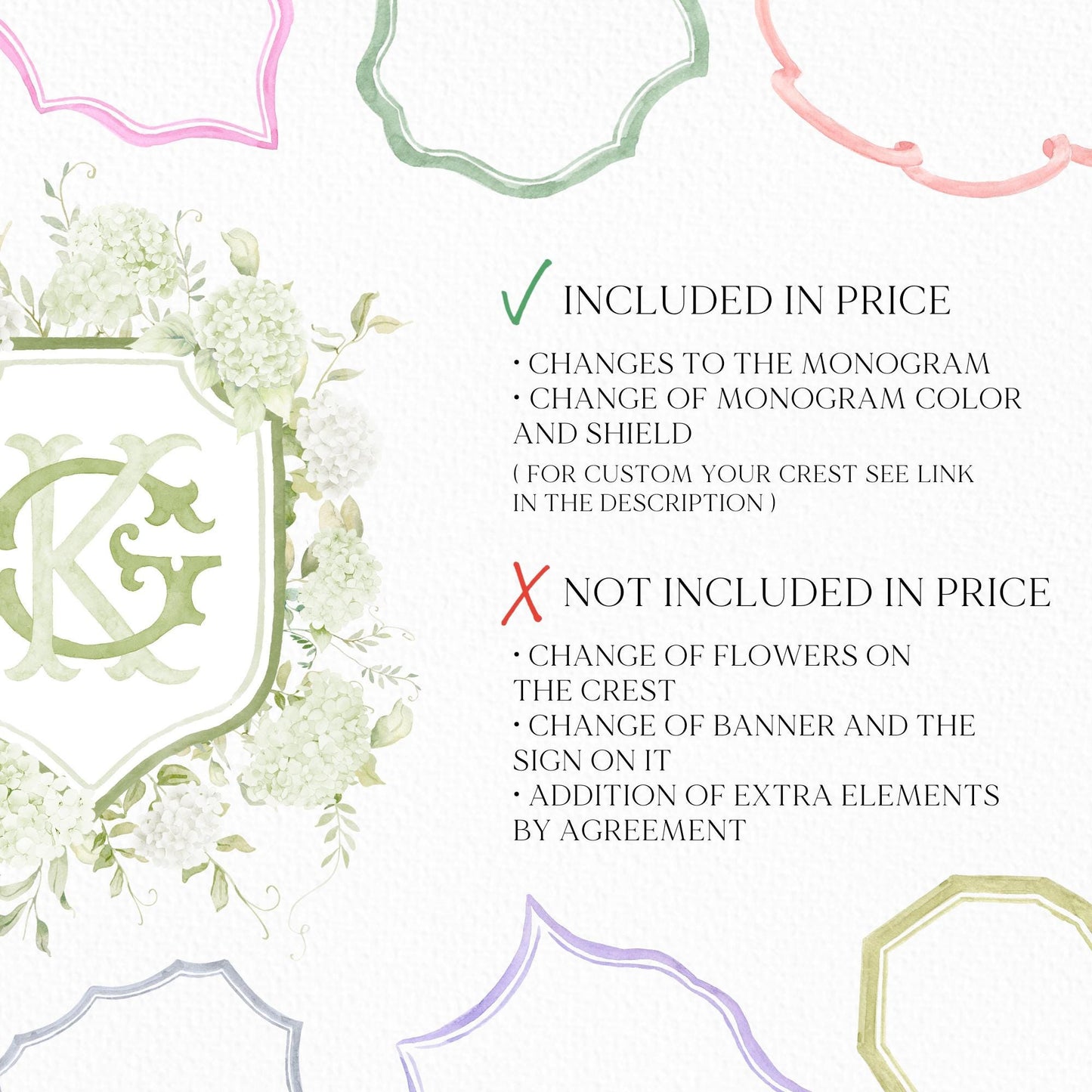 Light Green Hydrangea Flower Wedding Crest - Monogram Crest - Hydrangea White Floral Luxury Watercolor Wedding Crest