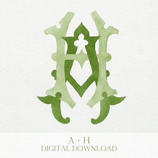 Watercolor Wedding Monogram AH - Classic Initial Crest (Digital Download)