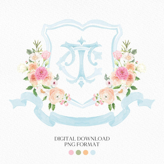 Wildflowers Bright Floral Colorful Watercolor Wedding Crest - Monogram Crest - Watercolor Blush and Pink Floral Watercolor Wedding Crest
