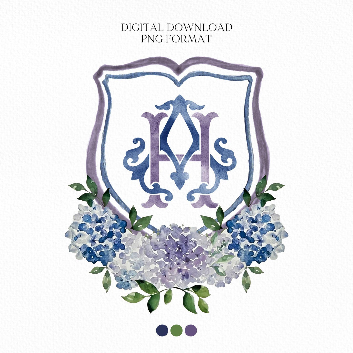 Navy Blue Hydrangea Flower Wedding Crest - Monogram Crest - Purple Hydrangea White Floral Watercolor Wedding Crest Romantic Wedding Crest
