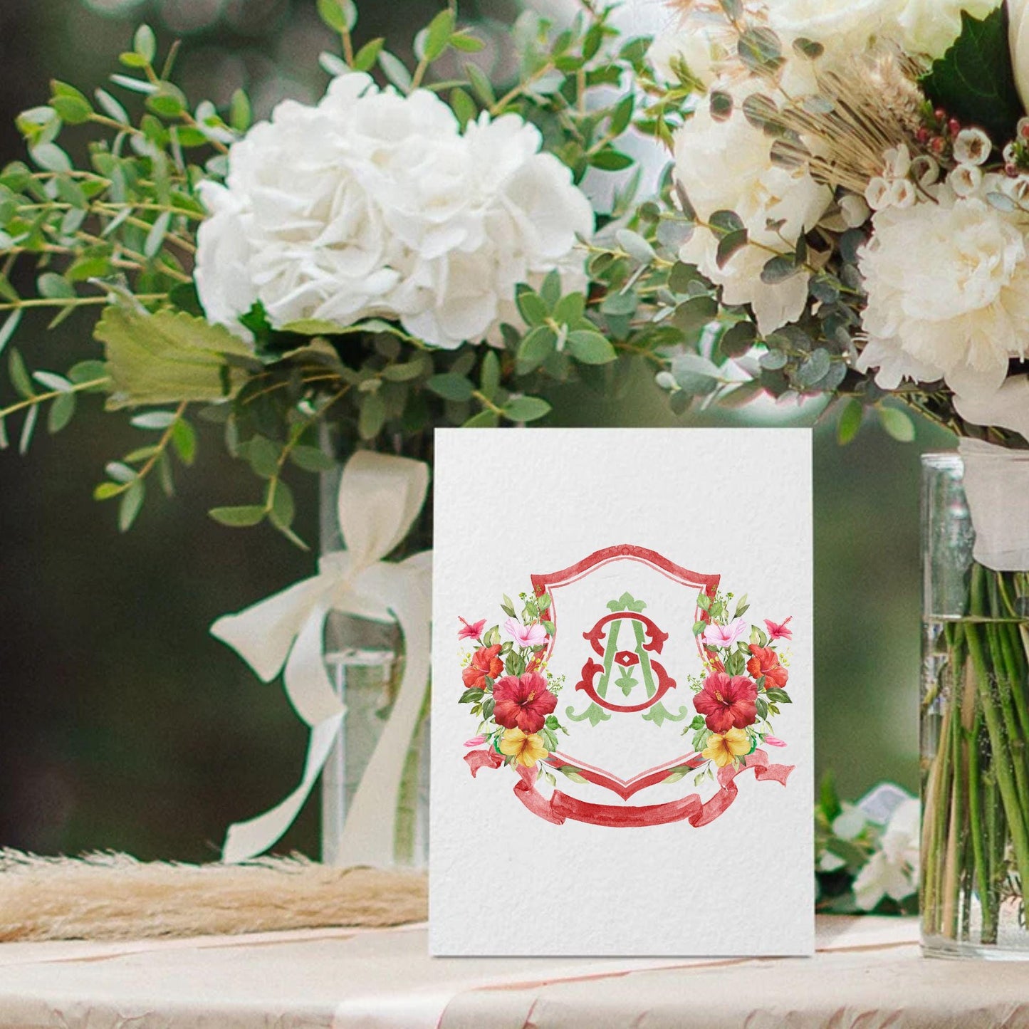 Watercolor Hibiscus Flower Wedding Crest - Monogram Crest - tropical hibiscus Floral Watercolor Wedding Crest - Romantic Wedding Crest