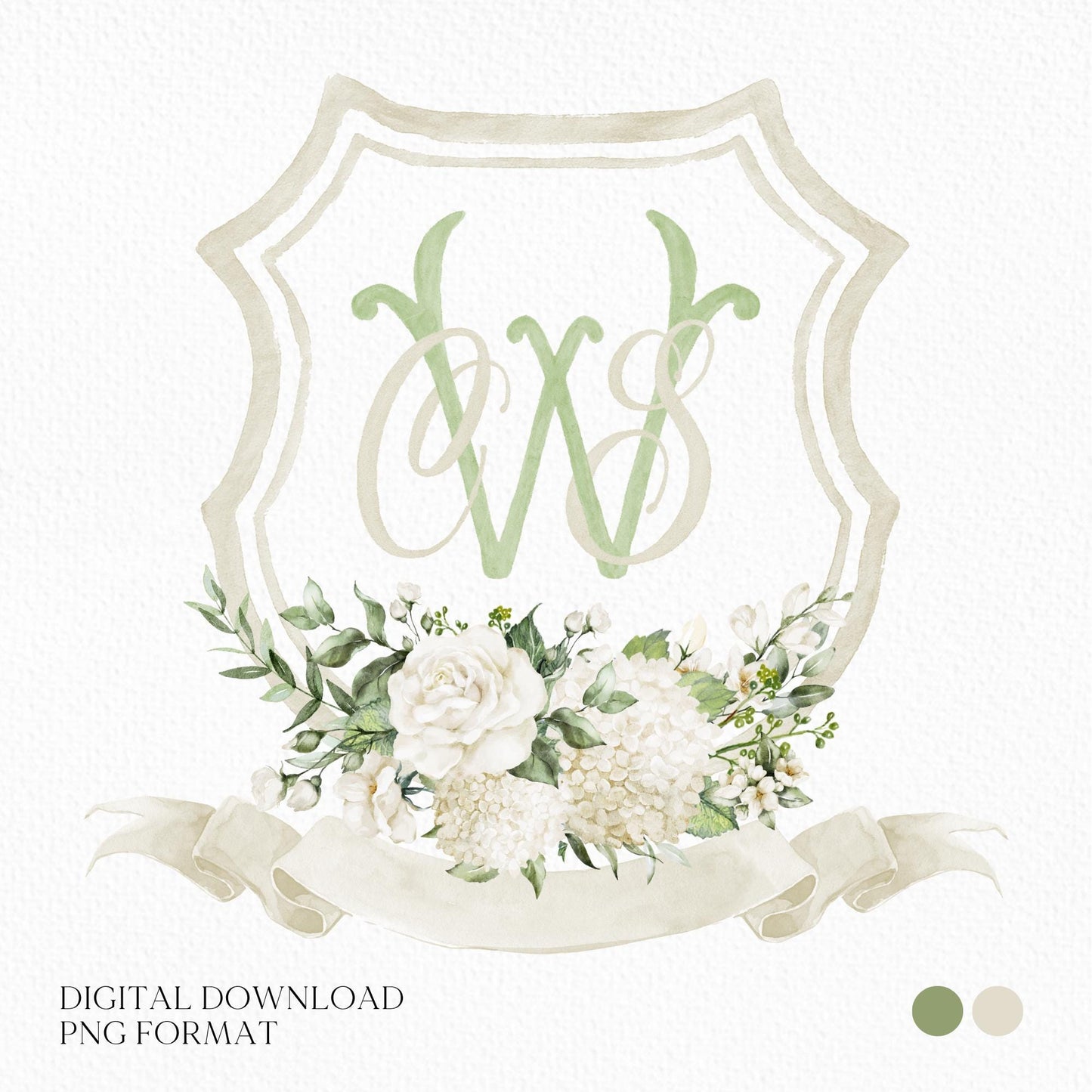 White Hydrangea Roses Flower Wedding Crest - Monogram Crest - Hydrangea Floral Luxury Watercolor Wedding Crest - Romantic Wedding Crest