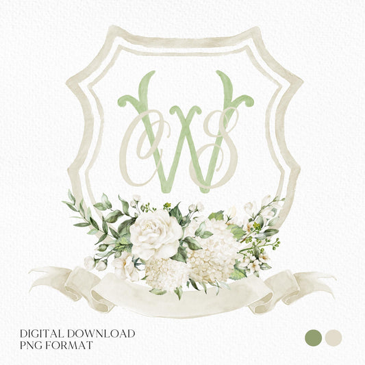 White Hydrangea Roses Flower Wedding Crest - Monogram Crest - Hydrangea Floral Luxury Watercolor Wedding Crest - Romantic Wedding Crest