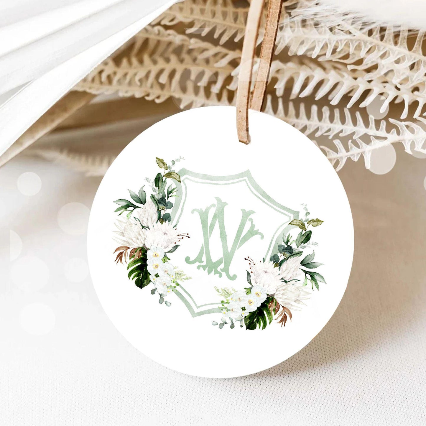 White Green Orchid Protea Tropical Flower Wedding Crest - Monogram Crest - Orchid Floral Watercolor Wedding Crest - Romantic Wedding Crest