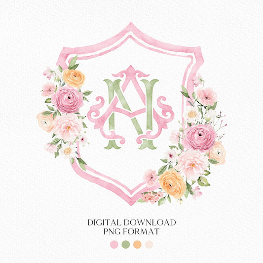 Wildflowers Bright Floral Colorful Watercolor Wedding Crest - Monogram Crest - Watercolor Blush and Pink Floral Watercolor Wedding Crest