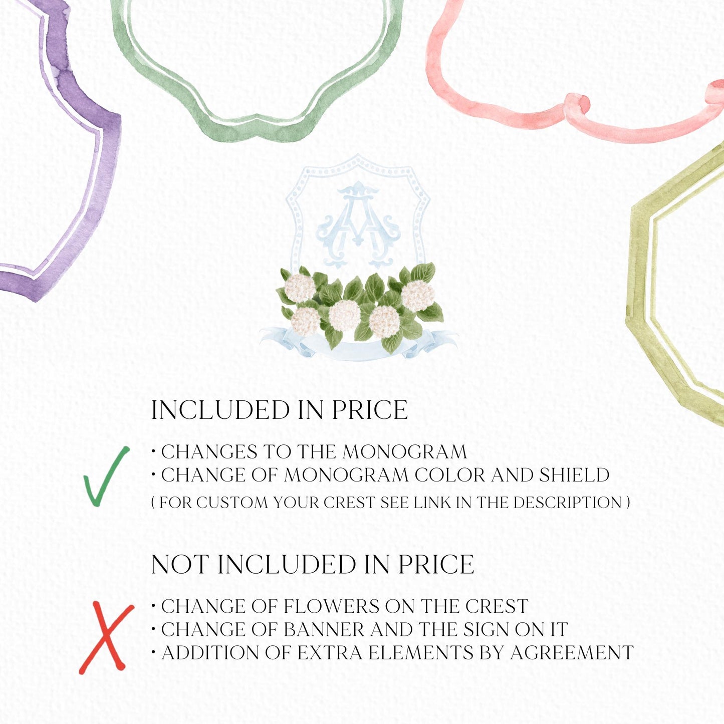 Hydrangea White Flower Wedding Crest - Monogram Crest - White Hydrangea Floral Luxury Watercolor Wedding Crest - Romantic Wedding Crest