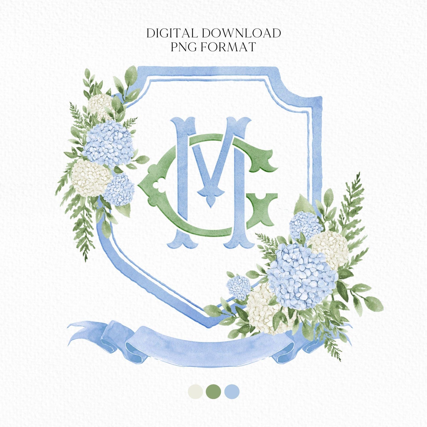 Blue White Hydrangea Flower Wedding Crest - Monogram Crest - Hydrangea Floral Luxury Watercolor Wedding Crest - Romantic Wedding Crest