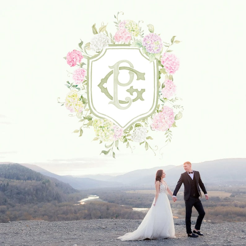 Blue White Pink Hydrangea Flower Wedding Crest