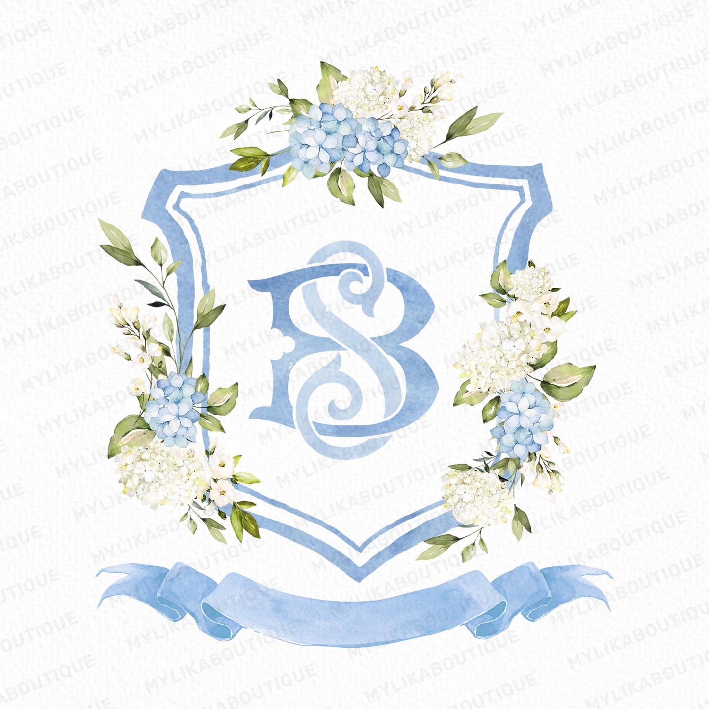 White Blue Hydrangea Flower Wedding Crest - Monogram Crest - Hydrangea Floral Watercolor Wedding Crest - Romantic Wedding Crest - Hydrangea