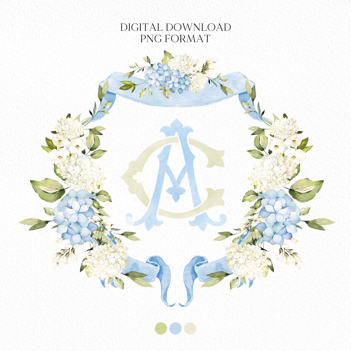 Hydrangea Flower Wedding Crest - Monogram Crest - Hydrangea Floral Luxury Watercolor Wedding Crest - Romantic Wedding Crest- Boho Hydrangea