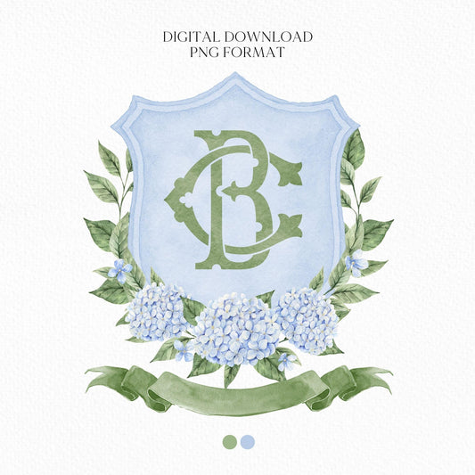 Hydrangea Flower Wedding Crest - Monogram Crest - Hydrangea Floral Luxury Watercolor Wedding Crest - Romantic Wedding Crest- Boho Hydrangea