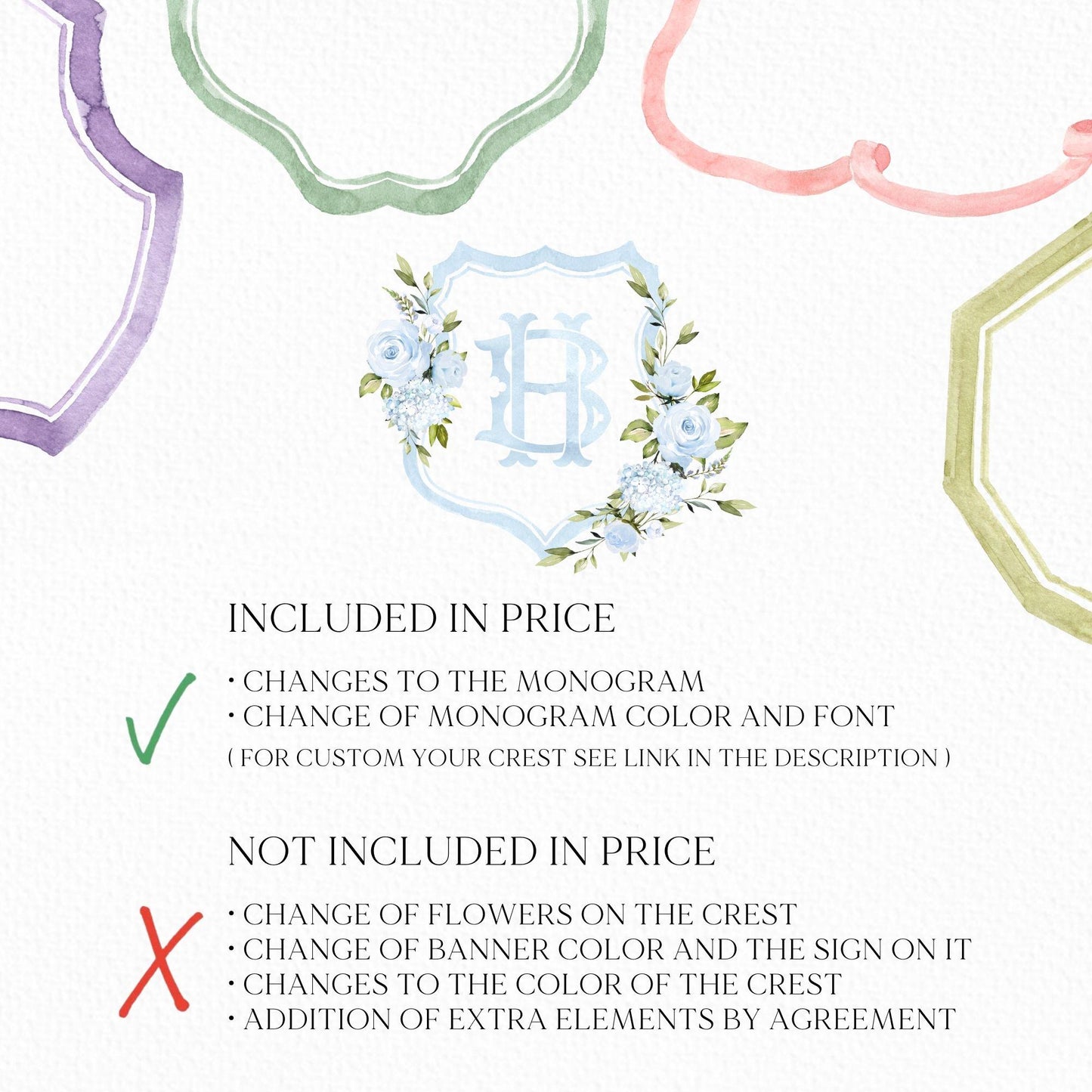 Baby Blue Roses Eucalyptus Flower Wedding Crest - Monogram Crest - Blue Floral Luxury Watercolor Wedding Crest - Romantic Wedding Crest