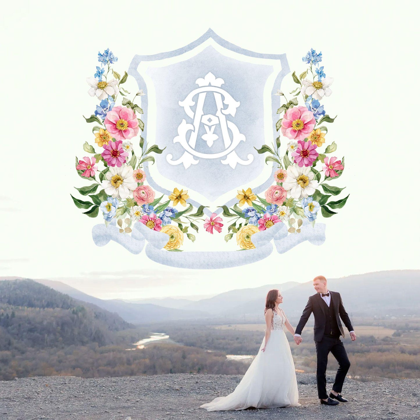 Wildflowers Bright Floral Colorful Watercolor Wedding Crest - Monogram Crest - Fantasy Garden Watercolor Wedding Crest - Pastel Bright Crest