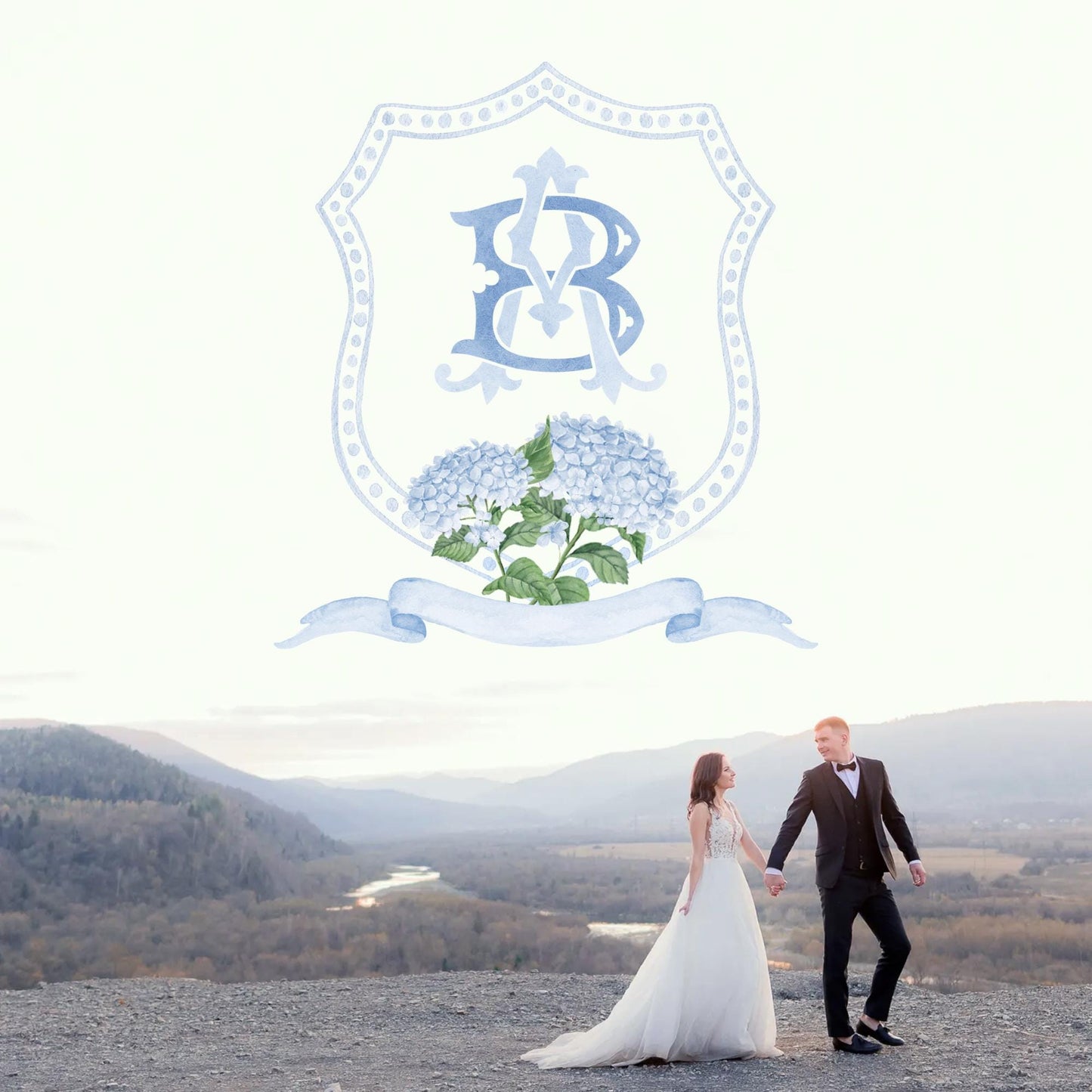 Hydrangea Blue Wedding Crest - Monogram Crest - Hydrangea Floral Luxury Watercolor Wedding Crest - Romantic Wedding Crest