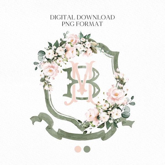 Blush Pink Roses Flower Wedding Crest - Monogram Crest - Pink Floral Luxury Watercolor Wedding Crest - Romantic Wedding Crest - Boho Roses