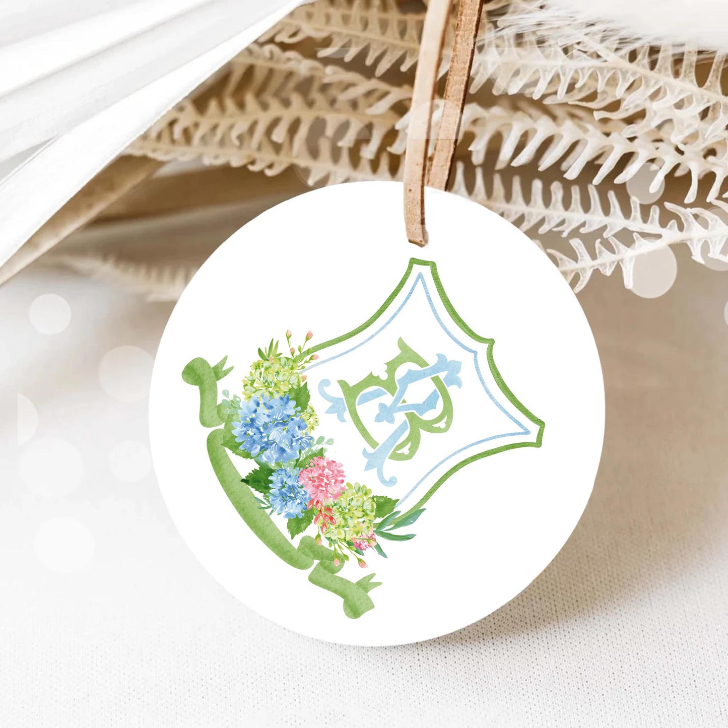 Hydrangea Blue Pink Wedding Crest - Monogram Crest - Hydrangea Green Floral Luxury Watercolor Wedding Crest - Romantic Wedding Crest