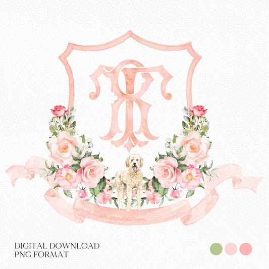 Romantic Blush Rose Peony Eucalyptus Watercolor Flower Wedding Crest - Monogram Crest - Soft Watercolor Flowers Watercolor Wedding Crest